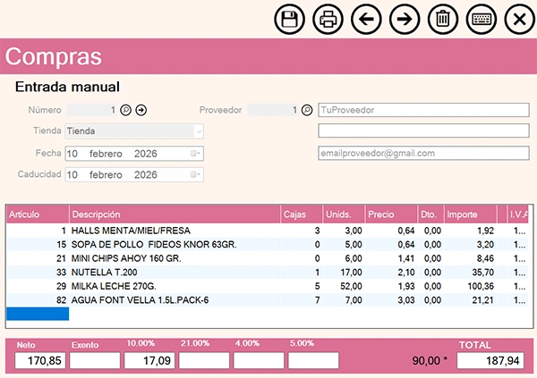 Pantalla de compras a proveedores