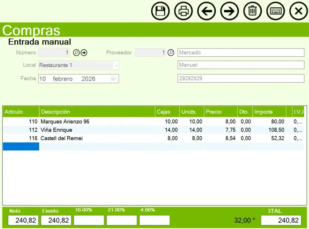 Entrada de compras en MAîTRE