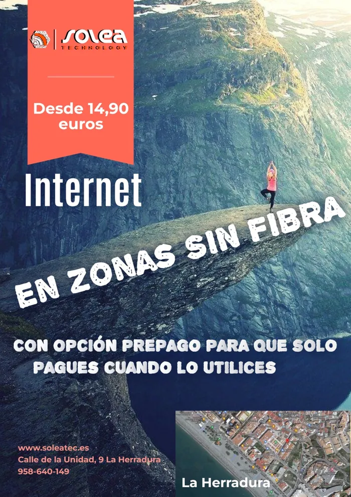 Cartel de Solea Technology: Internet en zonas sin fibra desde 14,90 euros, con opción prepago